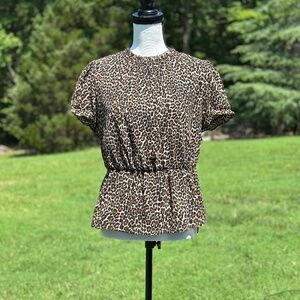 J. CREW Ruffle Neck Leopard Print Chiffon Peplum Blouse Size Small